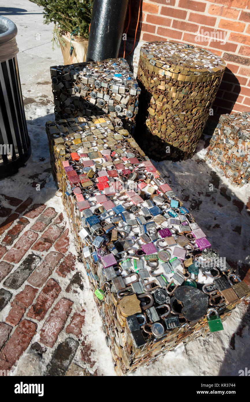 Compressed cubes and squares made of love locks that have been left at the Distillery district in Toronto Ontario Canada Stock Photo