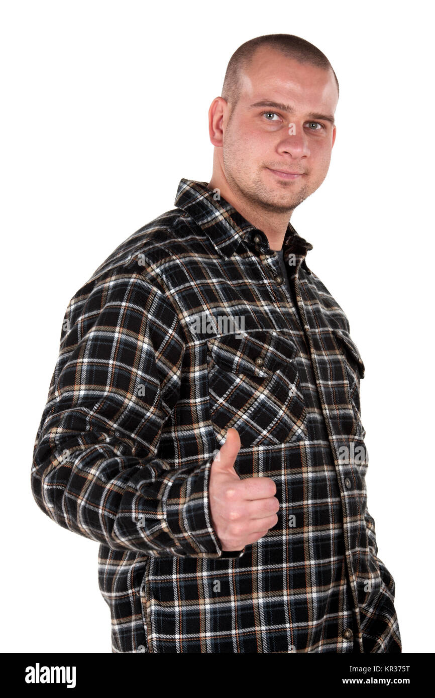 Portrait of an average blue collar worker showing ok hand gesture Stock