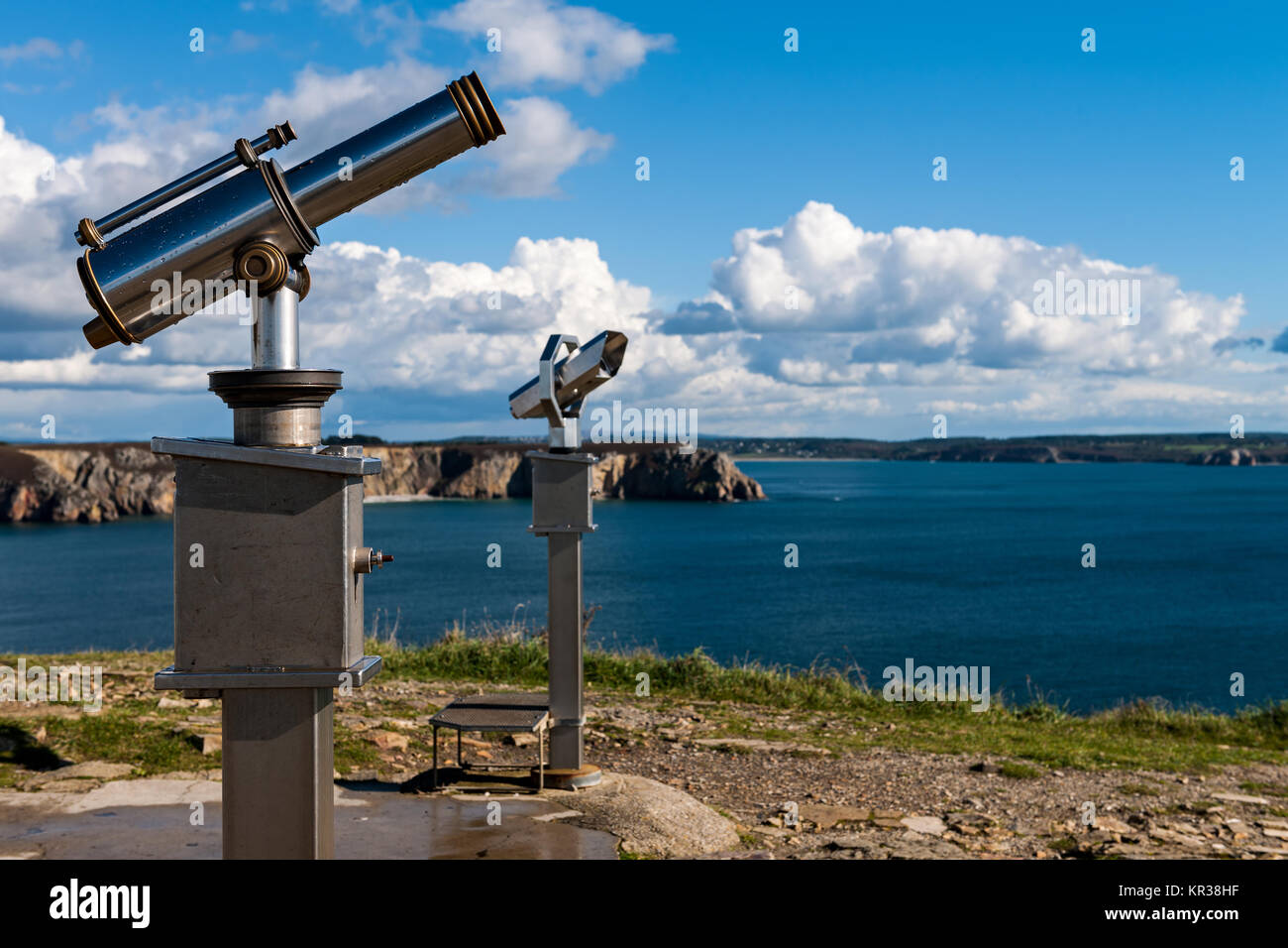 Stationary binoculars at a scenic overlook in Brittany, France Stock