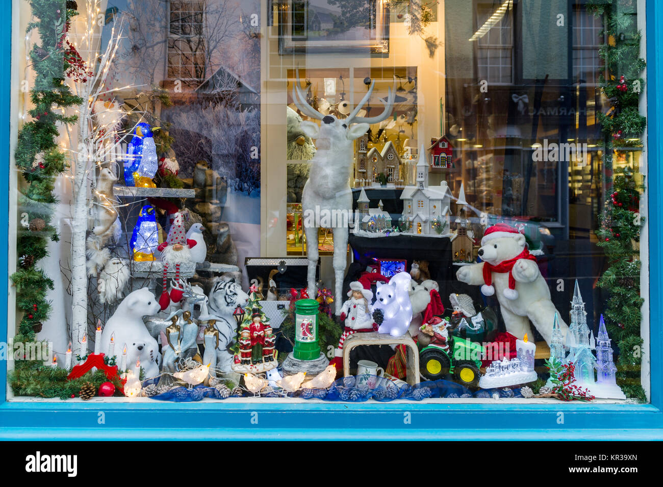 Shop window decorated for Christmas in West Cork, Ireland. Stock Photo