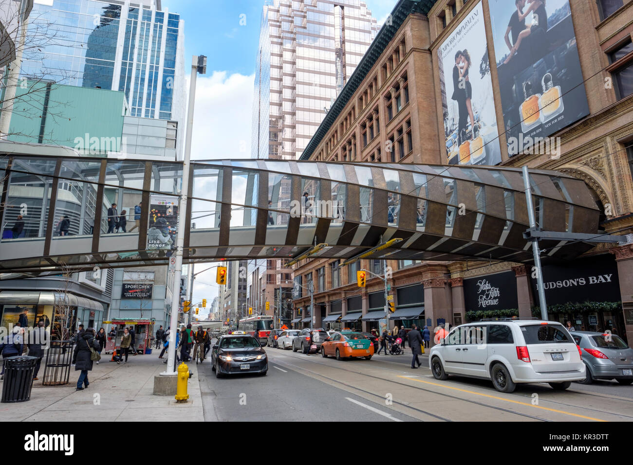 Pedway, elevated pedestrian walkway linking Toronto Eaton Centre shopping center and Saks Fifth Avenue Toronto store, Queen Street West, Canada. Stock Photo