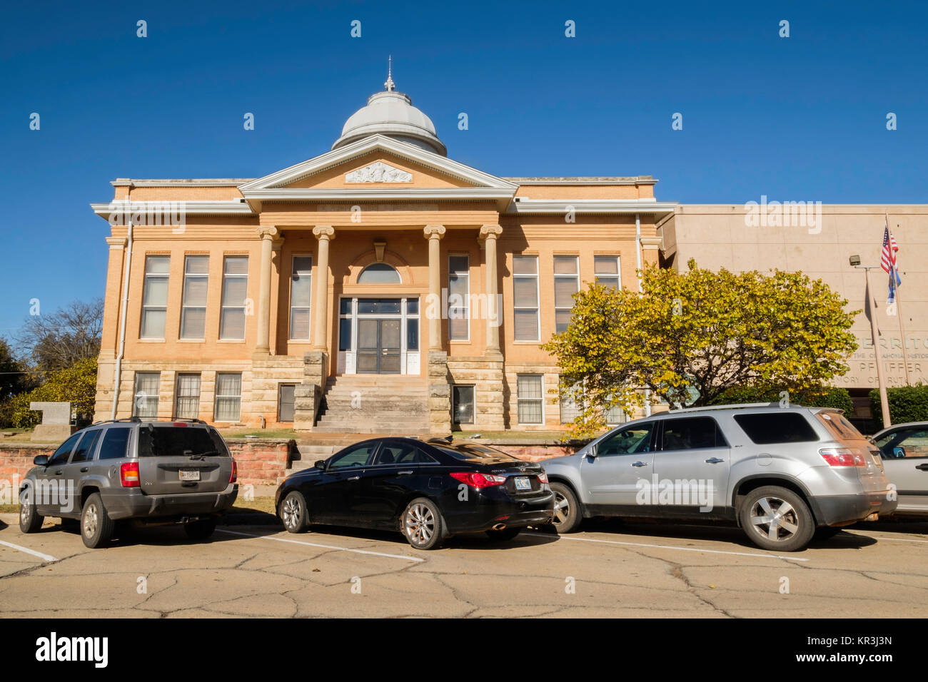 Carnegie Library exterior, neo-classical architecture with ionic columns  in Guthrie, Oklahoma, USA. Stock Photo