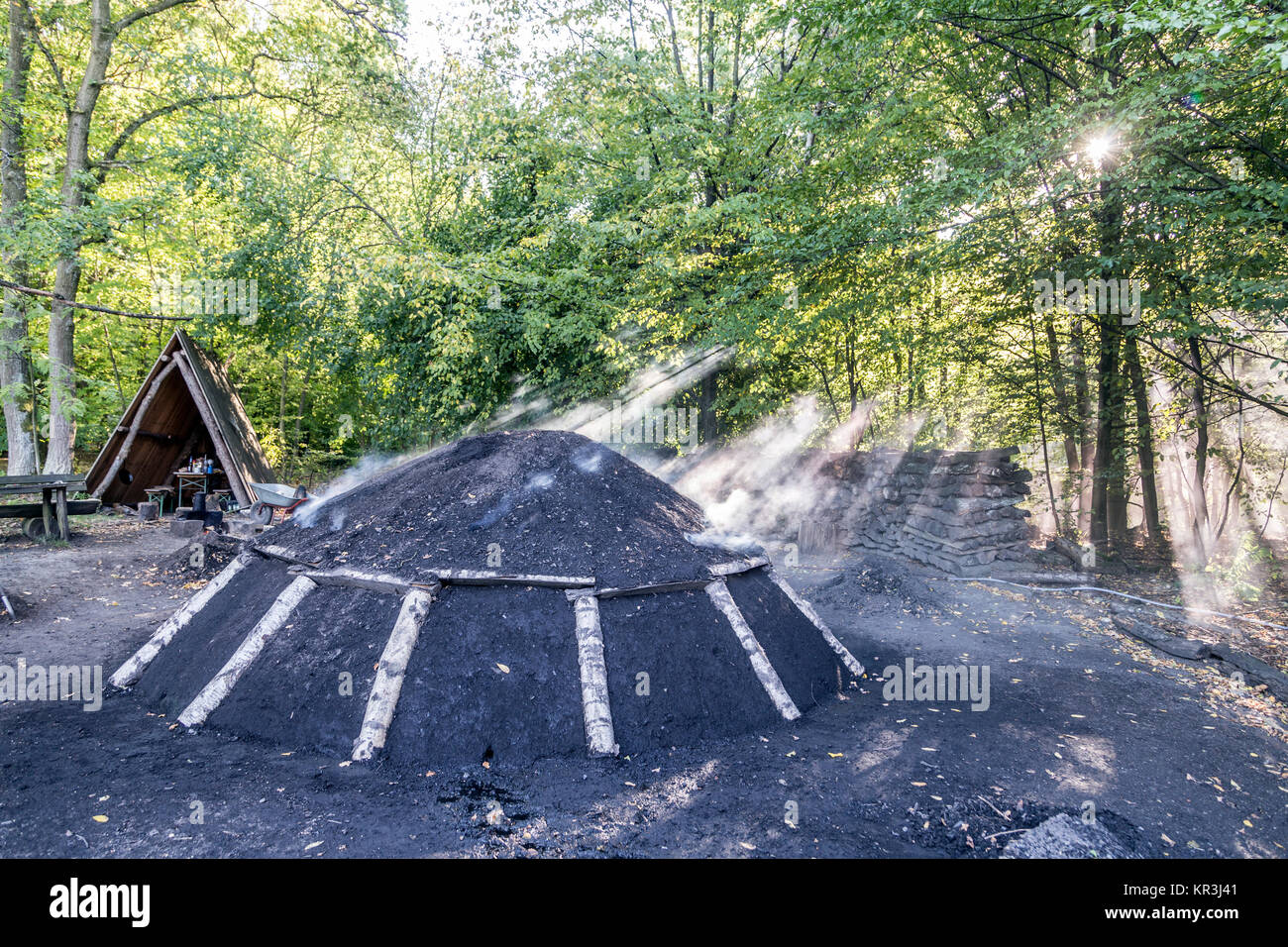 burning charcoal pile in the forest with smog Stock Photo Alamy