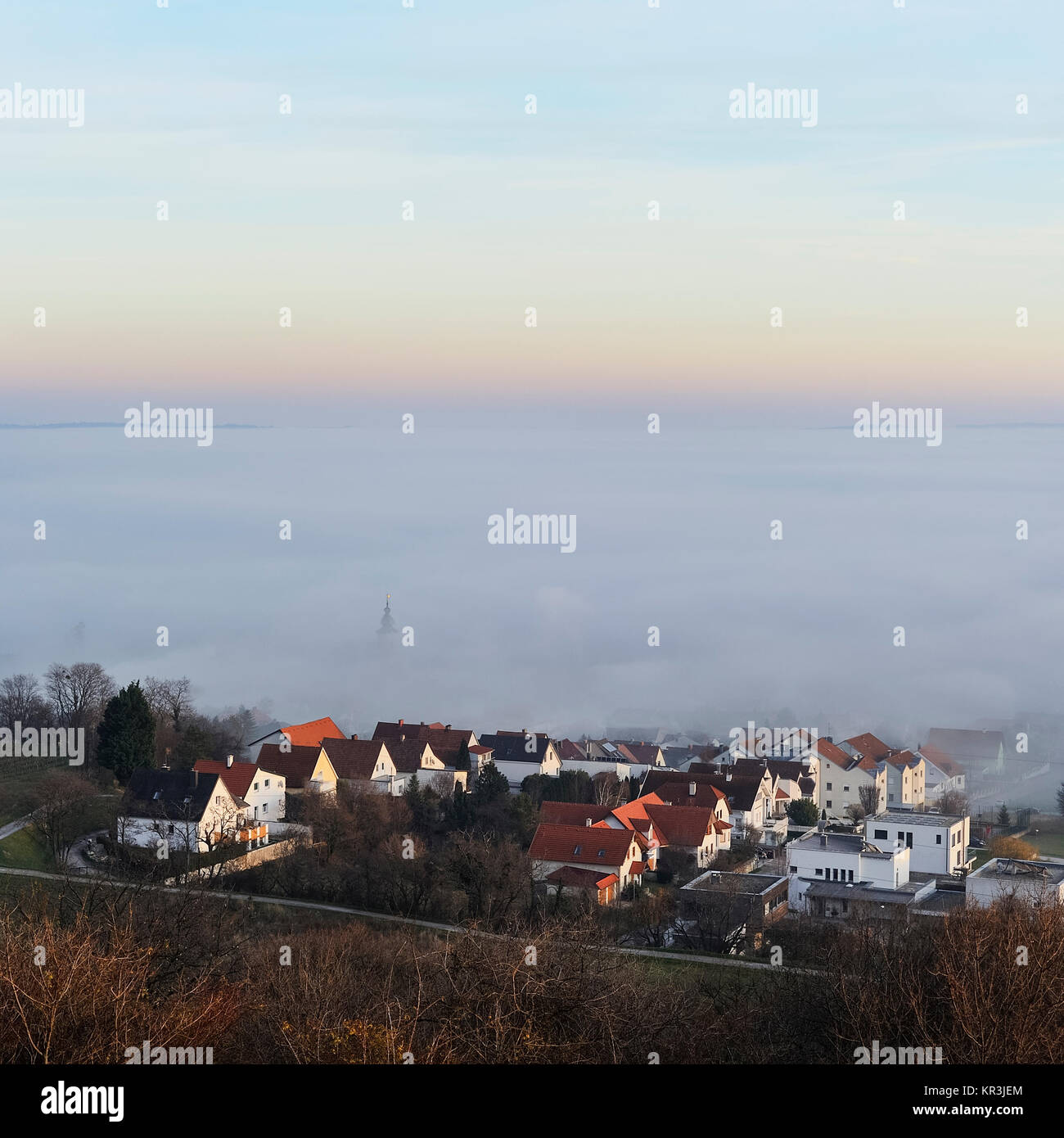 fog in the village of st. georgen im burgenland Stock Photo