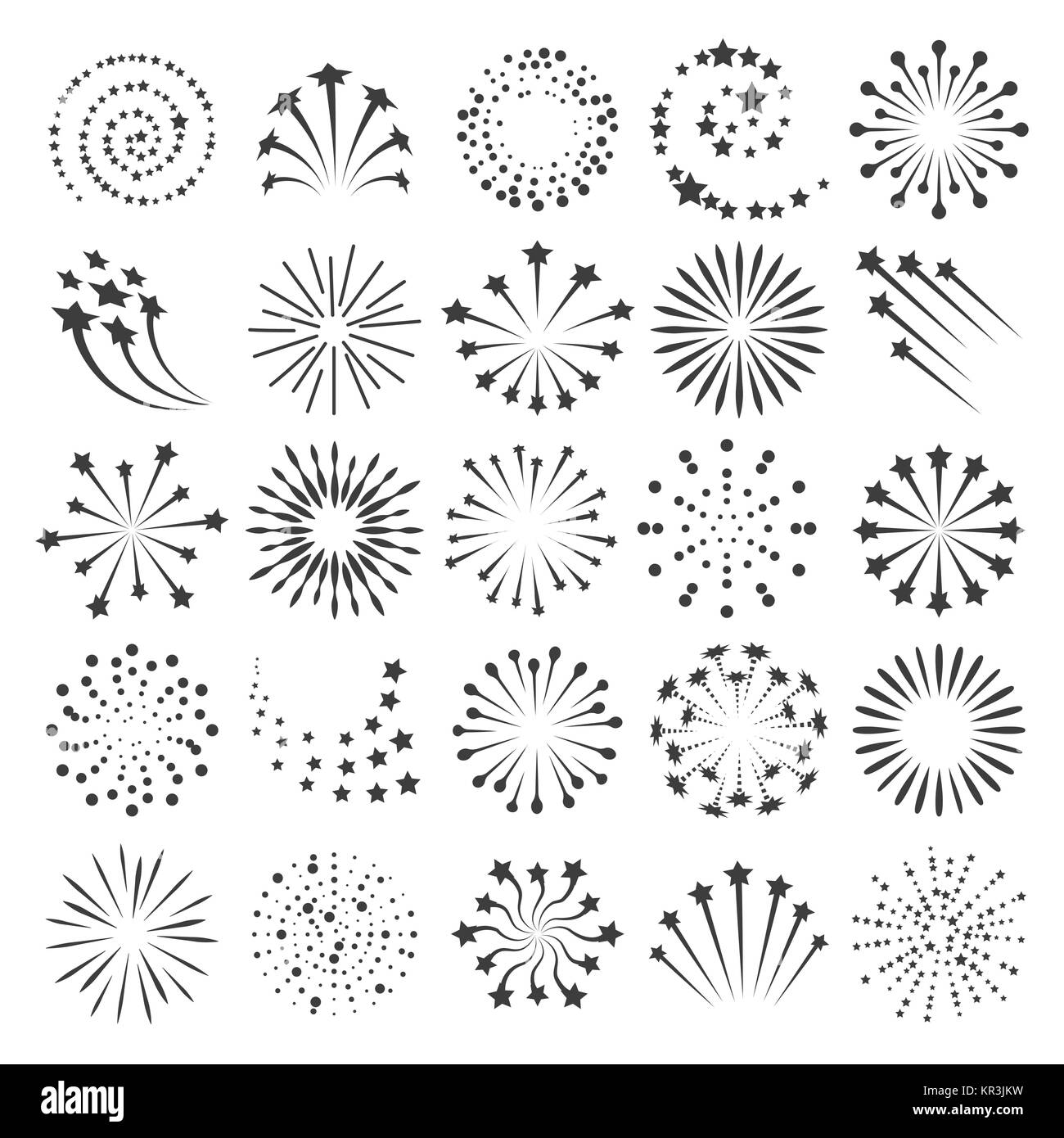 New year fireworks icons. Firework icon set for happy christmas celebrate party and birthday or anniversary events collection, vector illustration Stock Vector