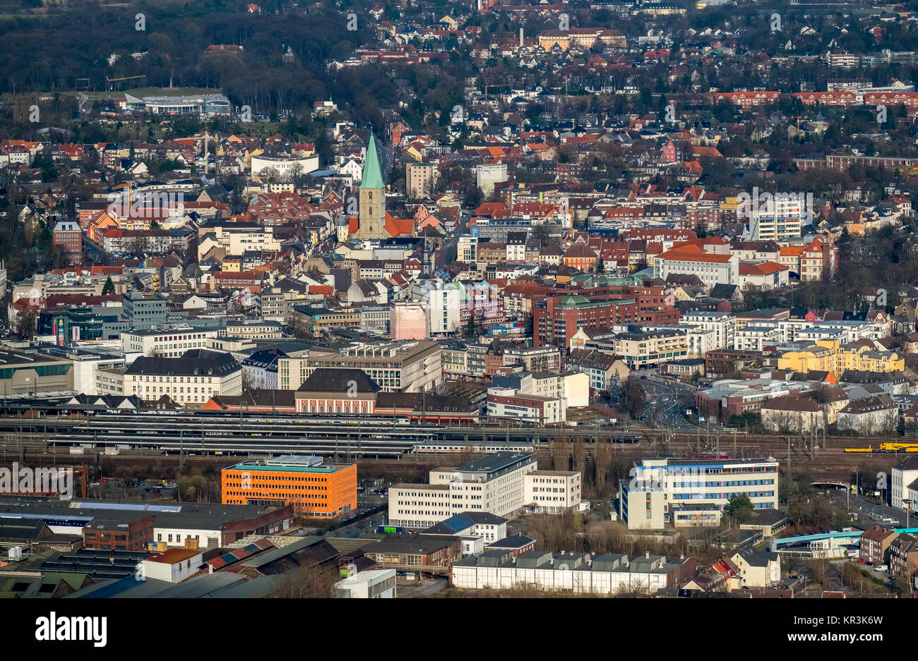 Overview on Hamm, Pauluskirche, Central Station, Distance from the West, Hamm, Ruhr area, North Rhine-Westphalia, Germany, Overview on Hamm, Pauluskir Stock Photo