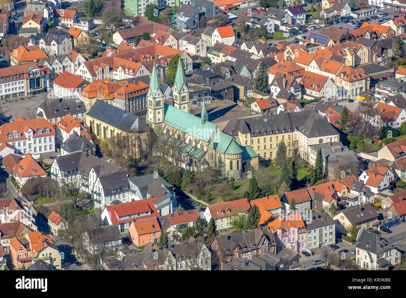 Pilgrimage Basilica of the Visitation of the Virgin Mary, Werl, city center medieval town, green copper roof, Werl, Soester Börde, Ruhr area, North Rh Stock Photo