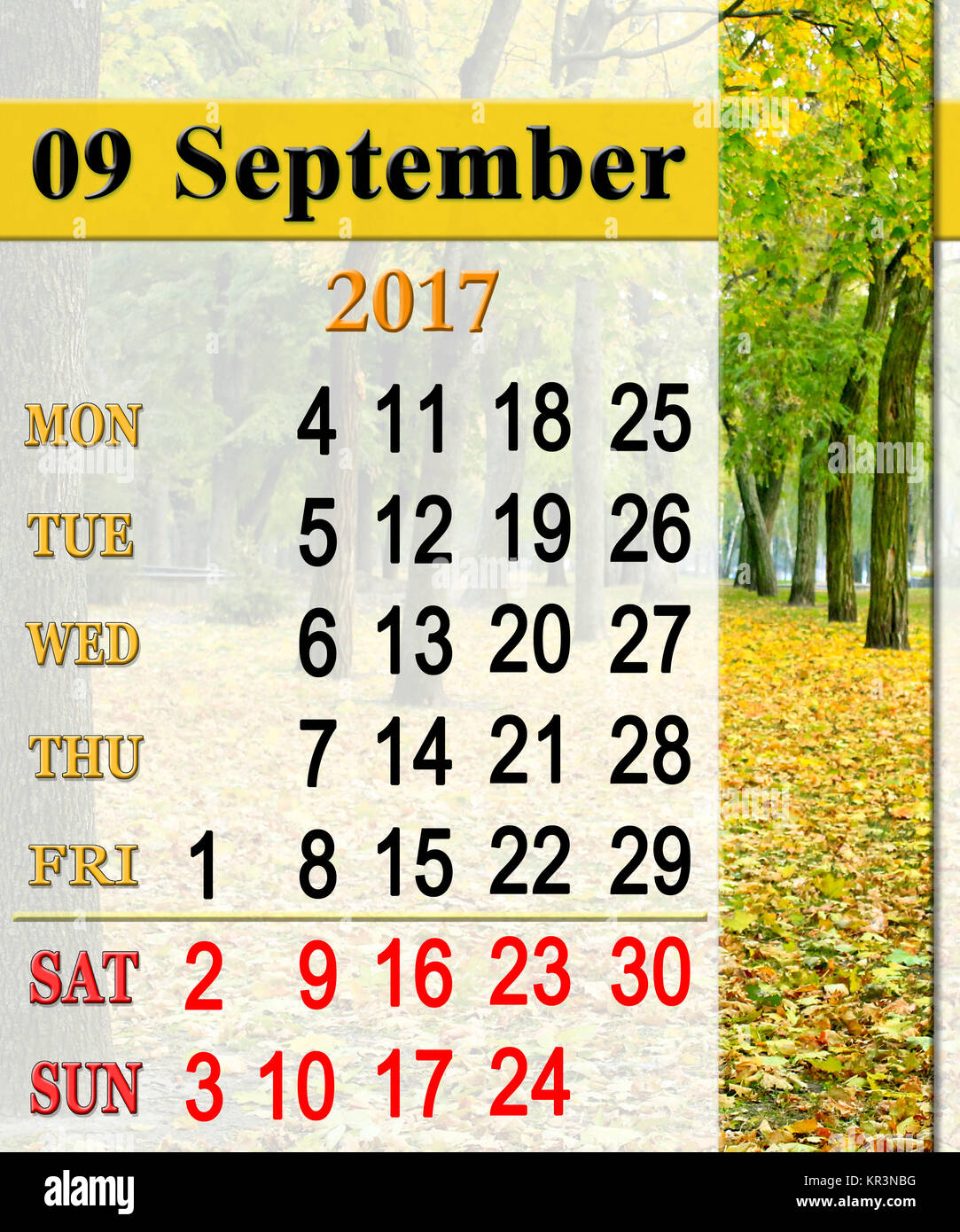 Calendar for september 2017 with path in autumn park stock photo alamy