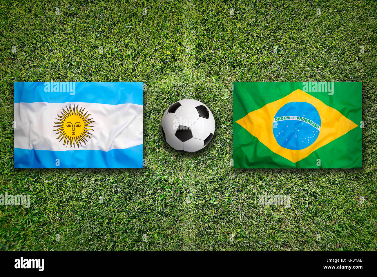Argentina Vs Brazil Flags On Soccer Field Stock Photo Alamy