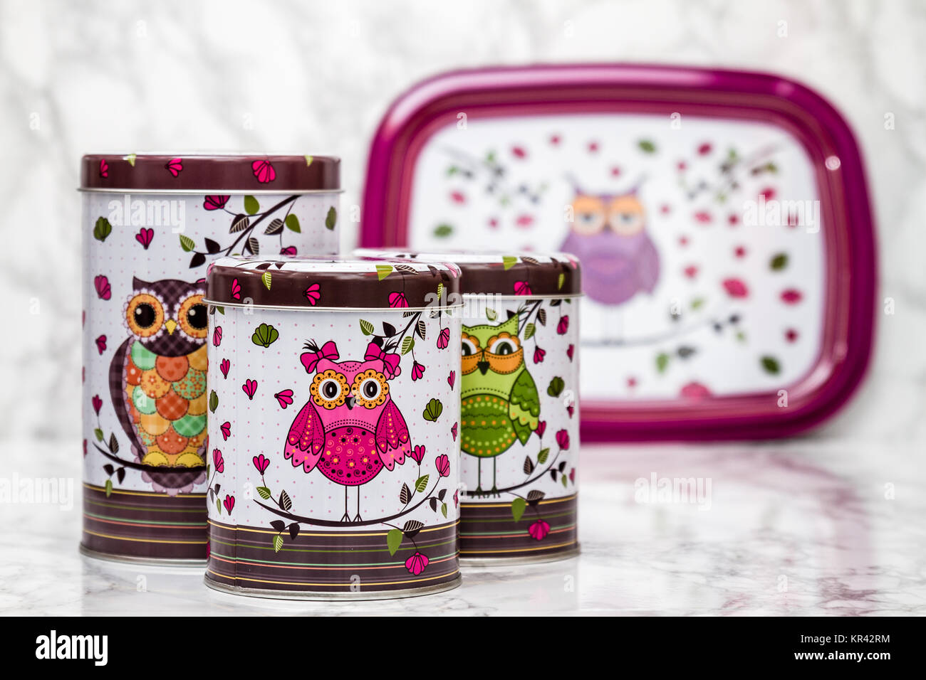 Decorative Tin Boxes With Owl Pattern Stock Photo 169120440 Alamy