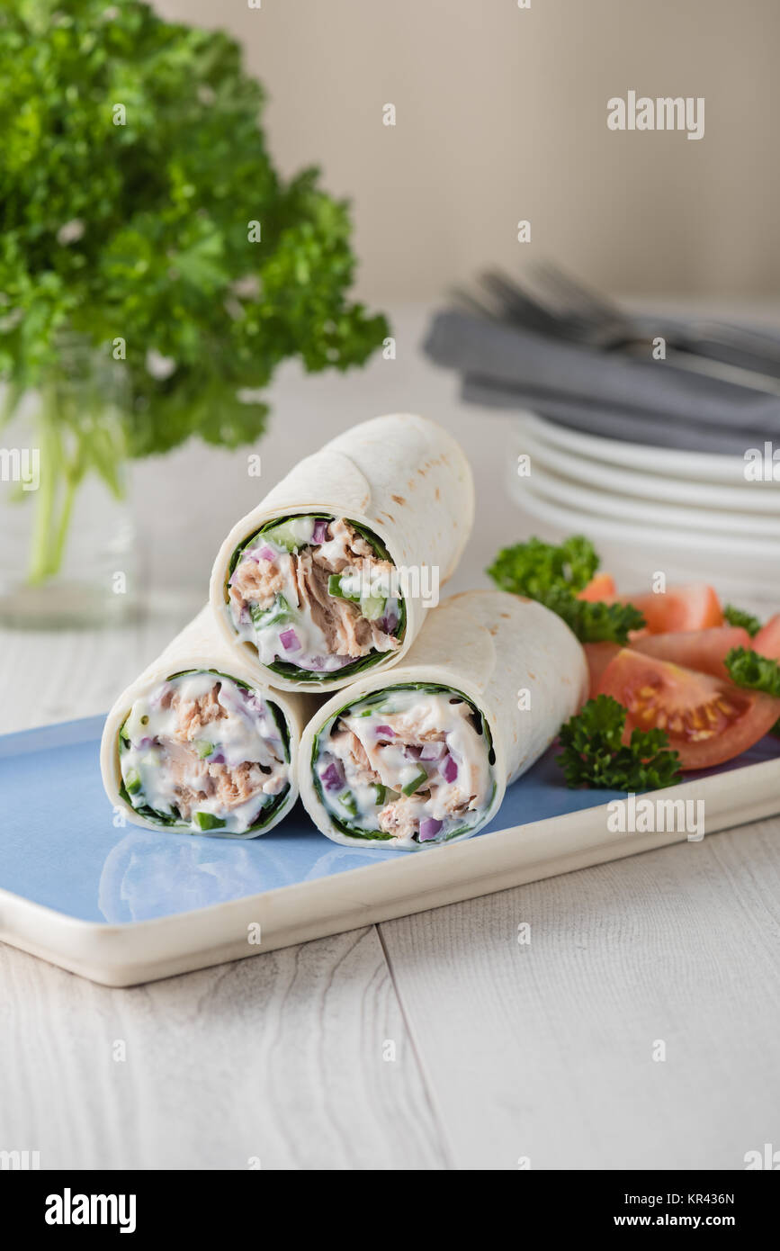 Tuna wraps with cucumber onion and mayonnaise Stock Photo Alamy