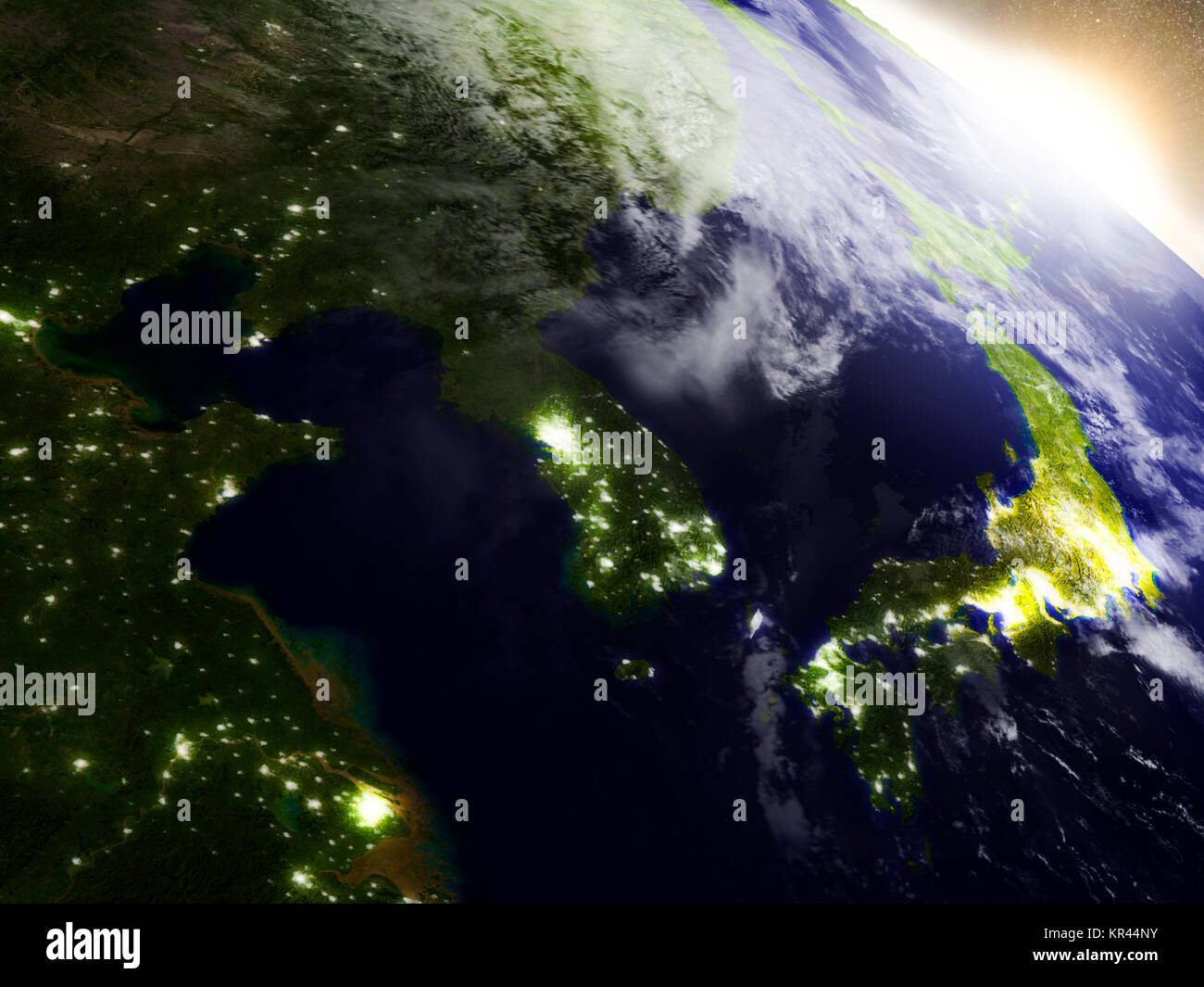 South Korean and North Korea from space during sunrise Stock Photo
