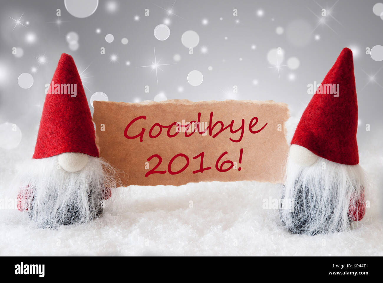 red gnomes with card and snow,text goodbye 2016 Stock Photo