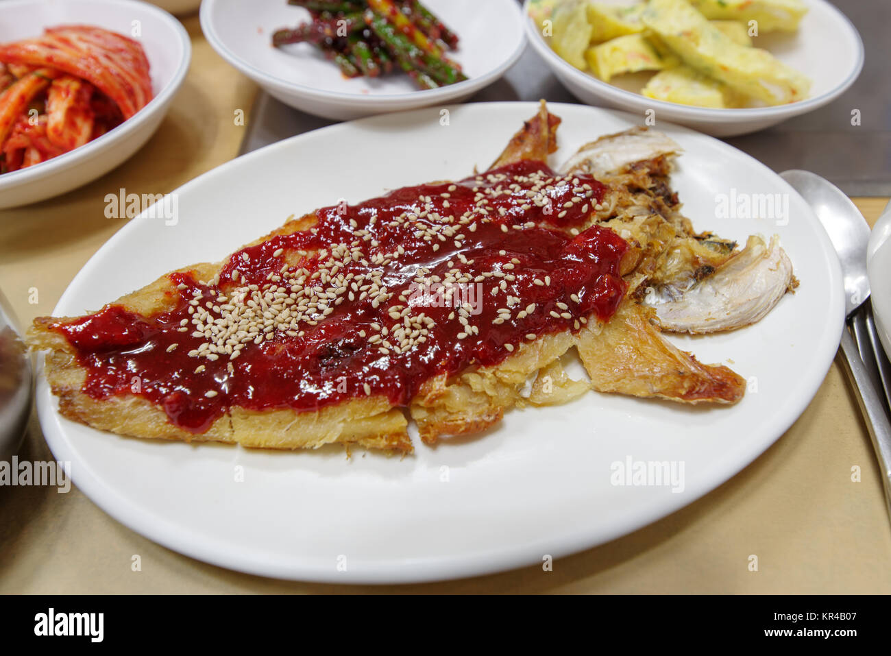 Korean tradional fodd Grilled dried fish HwangTae with Side dish, Korea
