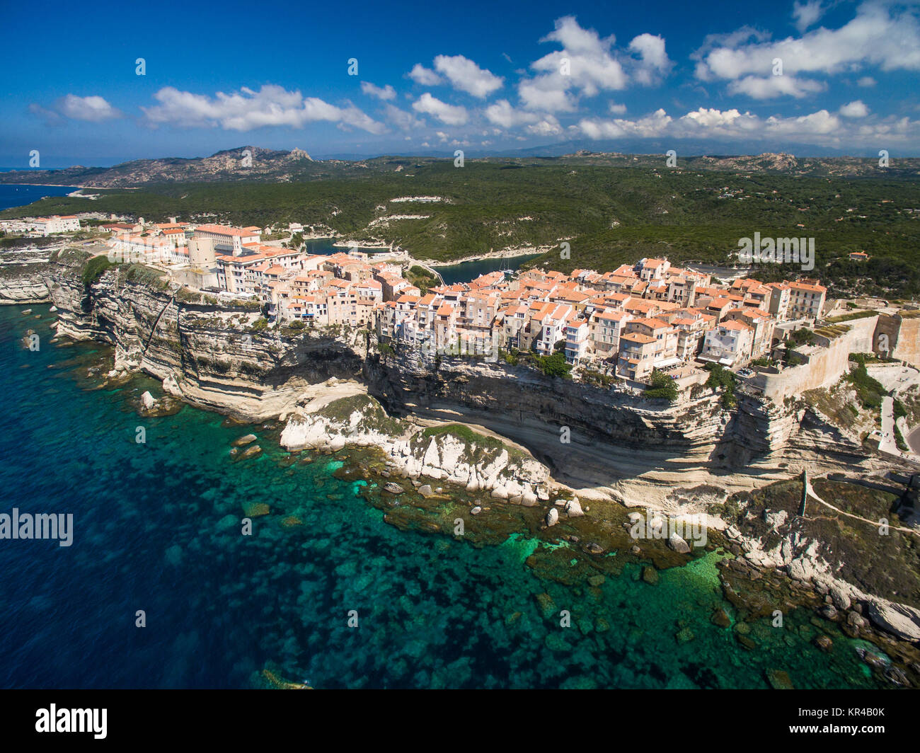Aerial view the Old Town of Bonifacio, the limestone cliff, South Coast of Corsica Island, France Stock Photo