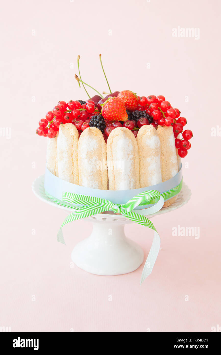 Charlotte mit Loeffelbiskuits und roten Fruechten Stock Photo - Alamy