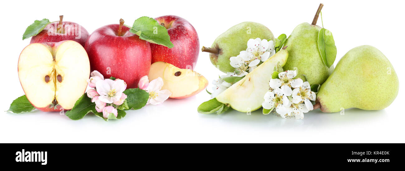 Apfel und Birne Äpfel Birnen Frucht rot grün frische Früchte Obst geschnitten Freisteller isoliert vor einem weissen Hintergrund Stock Photo
