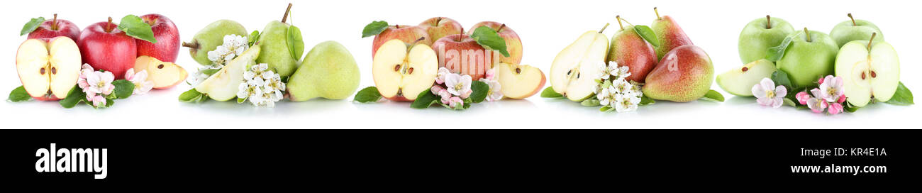 Apfel und Birne Collage Äpfel Birnen Frucht Früchte Set Obst in einer Reihe geschnitten Freisteller freigestellt isoliert vor einem weissen Hintergrund Stock Photo