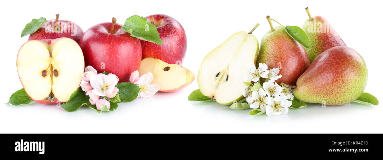 Apfel und Birne Äpfel Birnen Frucht frische rote Früchte Obst geschnitten Freisteller isoliert vor einem weissen Hintergrund Stock Photo