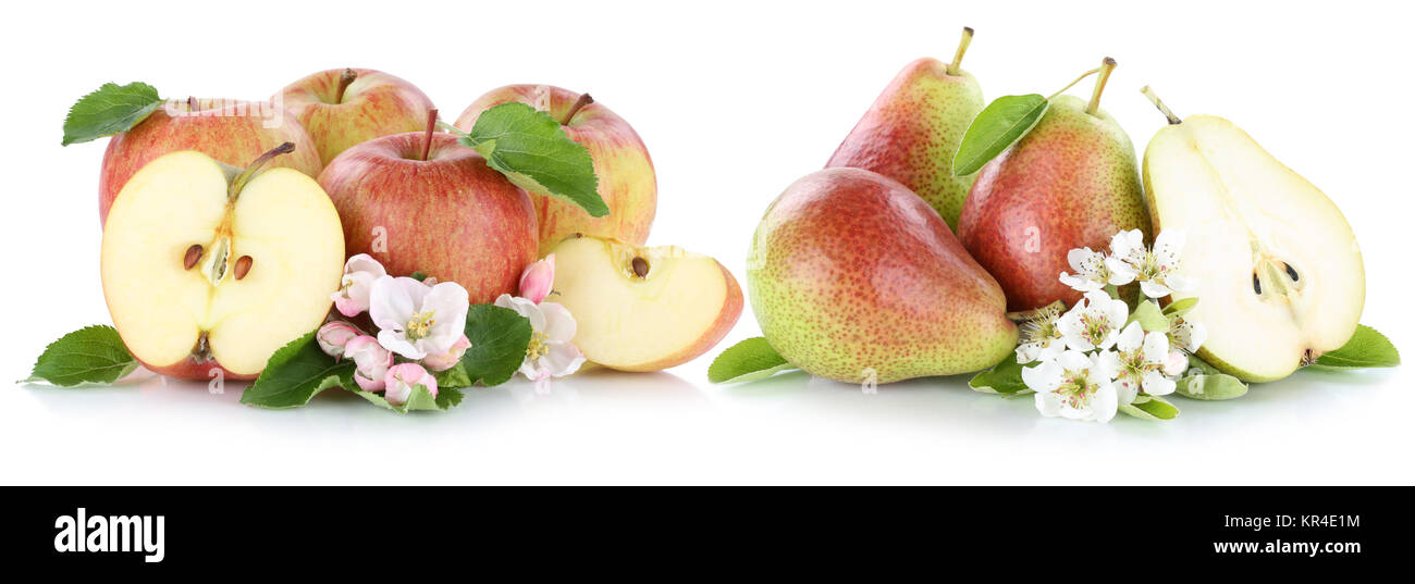 Apfel und Birne Äpfel Birnen Frucht rote frische Früchte Obst geschnitten Freisteller freigestellt isoliert vor einem weissen Hintergrund Stock Photo