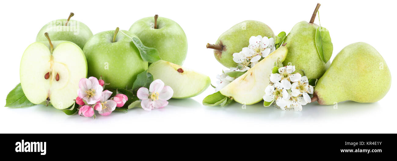 Apfel und Birne Äpfel Birnen Frucht grün frische Früchte Obst geschnitten Freisteller isoliert vor einem weissen Hintergrund Stock Photo