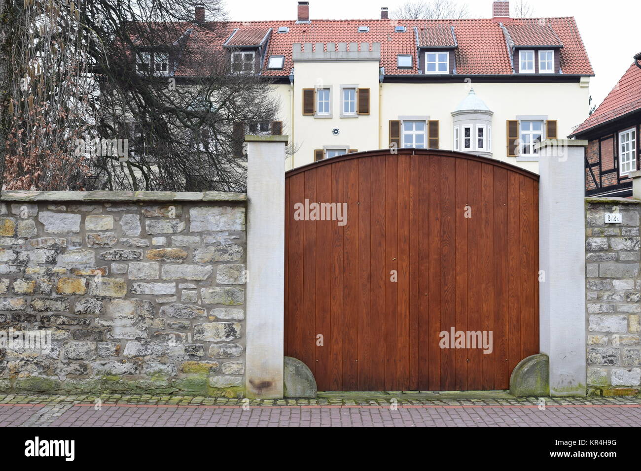 wooden gate in front of city hÃ¤ger freihof Stock Photo