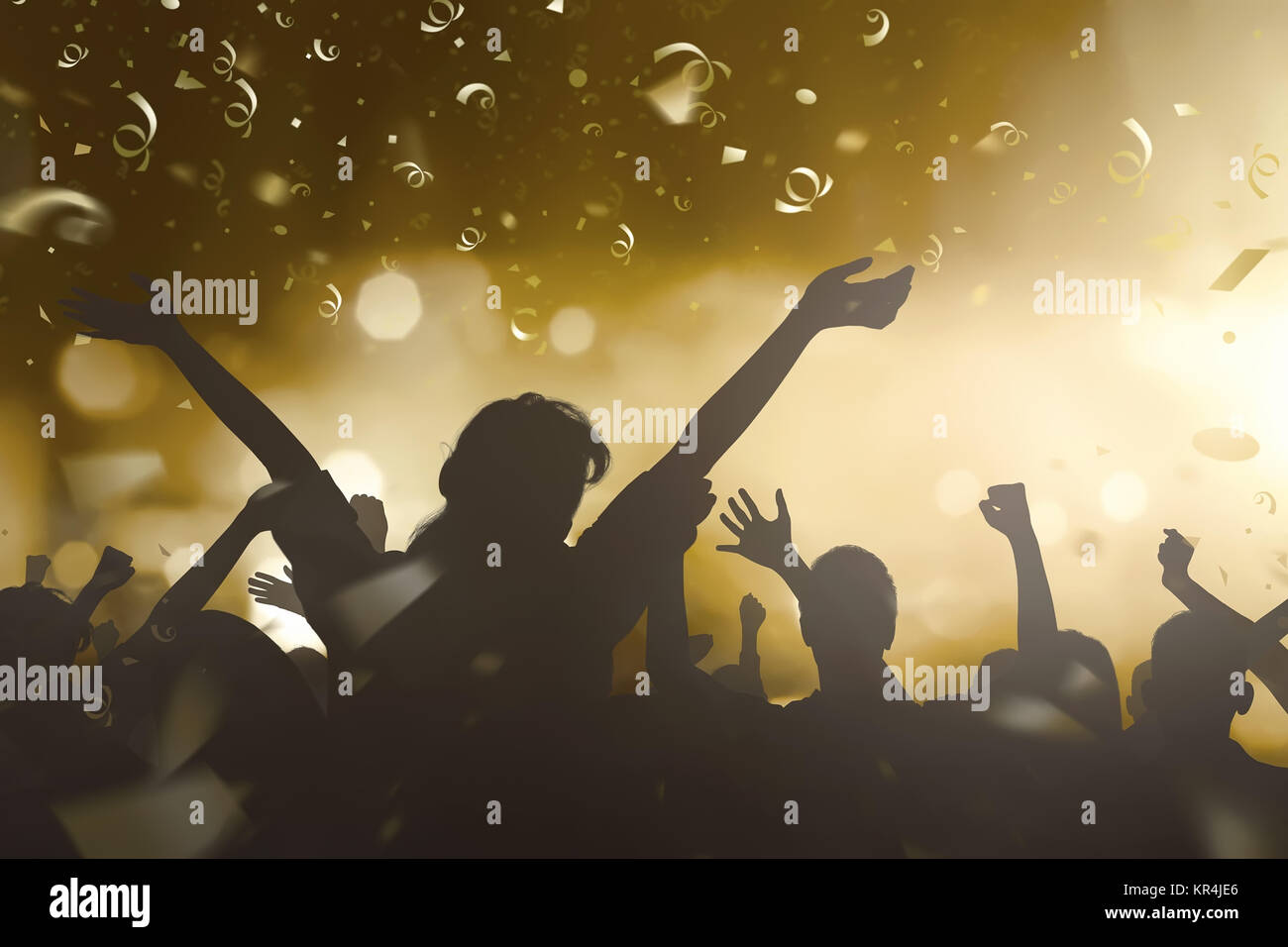 Silhouette crowd of people enjoying New Year celebration. Happy New Year 2018 Stock Photo