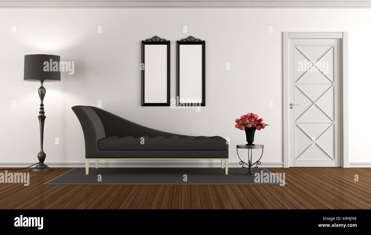 Black and white retro living room Stock Photo - Alamy