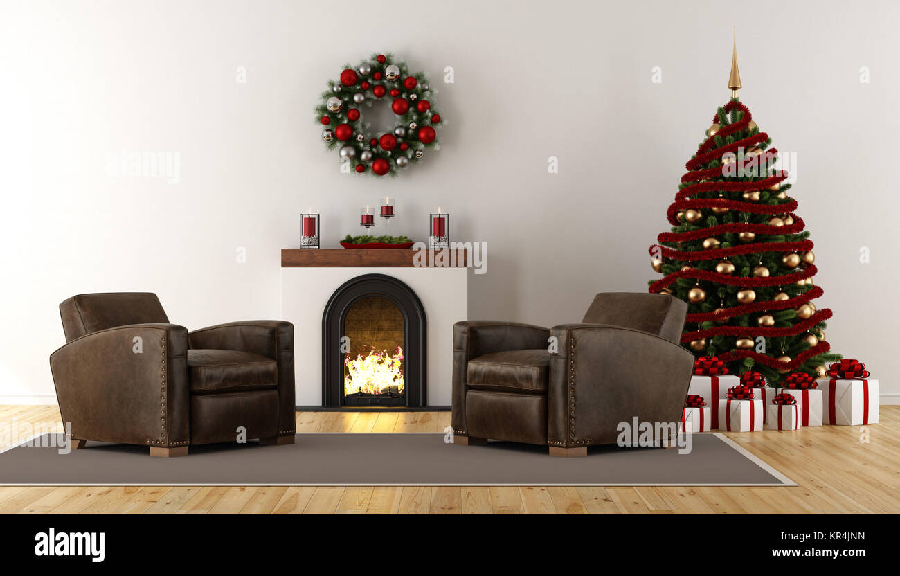Classic christmas room with fireplace Stock Photo