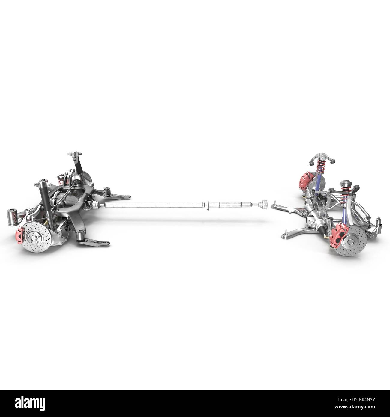 Render of car chassis without engine isolated on white. Side view. 3D