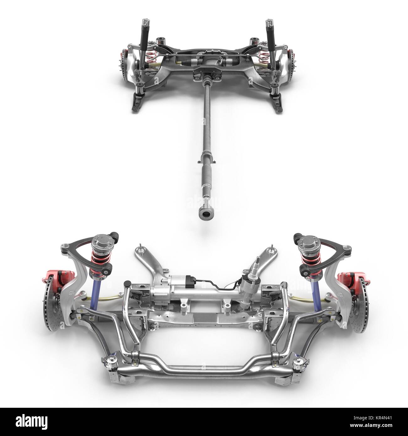 Render of car chassis without engine isolated on white. Front view. 3D