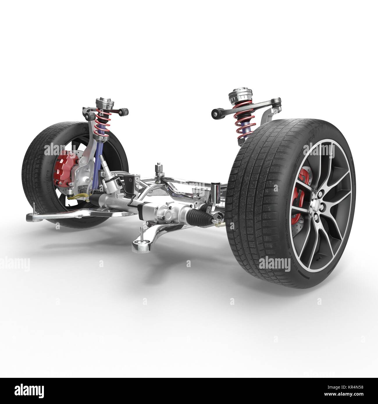 Front suspension with wheel of drive car. New tire. On white. 3D
