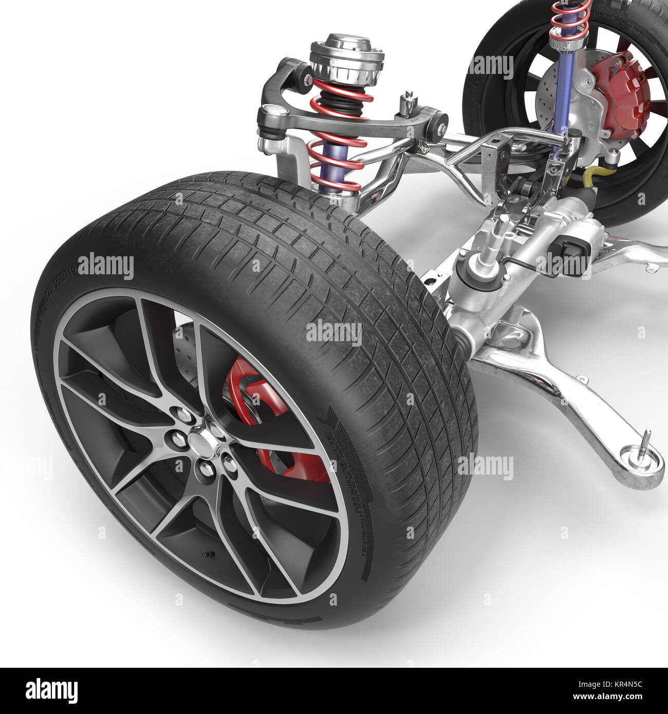 Front suspension with wheel of drive car. New tire. On white. 3D