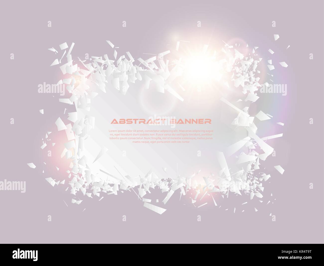 Speech bubble, exploding effect. Abstract explosion white pieces with lens flare. Explosive destruction. Particles on light banner background. Vector  Stock Vector