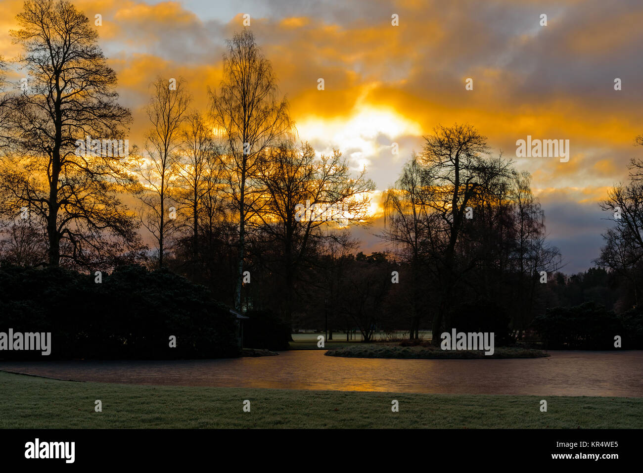 Orange sunrise over frozen pond and trees in public park. Location Ronneby in Blekinge, Sweden. Stock Photo
