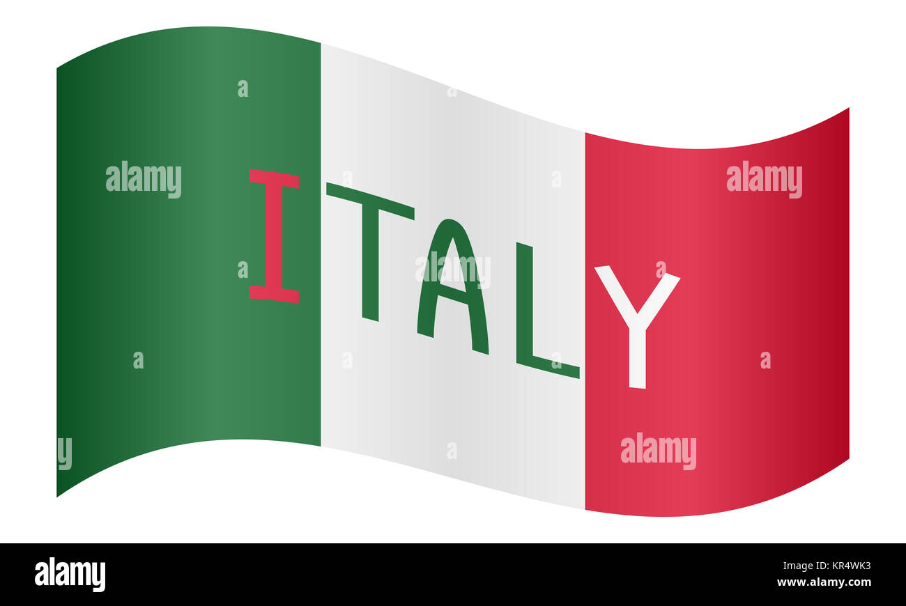 Italian flag waving with word Italy on white Stock Photo