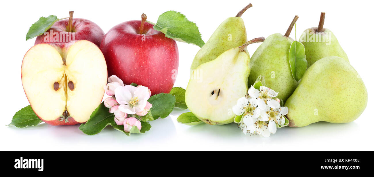 Apfel und Birne Äpfel Birnen rot grün Früchte Obst geschnitten Freisteller isoliert vor einem weissen Hintergrund Stock Photo