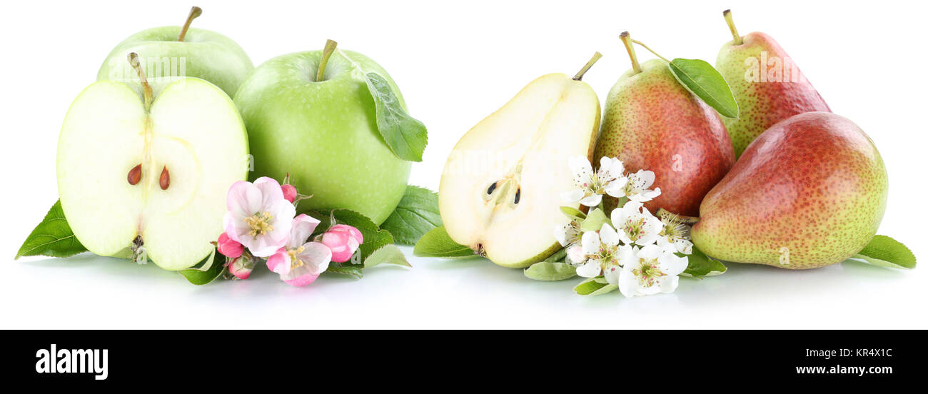 Apfel und Birne Äpfel Birnen Früchte Obst geschnitten Freisteller isoliert vor einem weissen Hintergrund Stock Photo