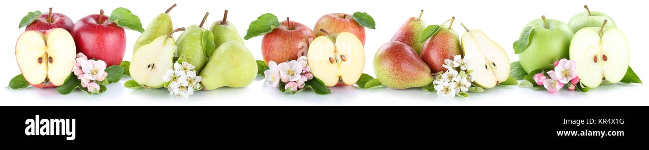 Apfel und Birne Collage Äpfel Birnen Früchte Set Obst in einer Reihe geschnitten Freisteller freigestellt isoliert vor einem weissen Hintergrund Stock Photo