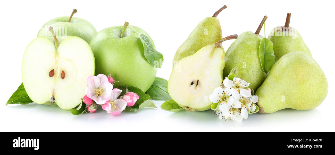 Apfel und Birne Äpfel Birnen grün Früchte Obst geschnitten Freisteller isoliert vor einem weissen Hintergrund Stock Photo