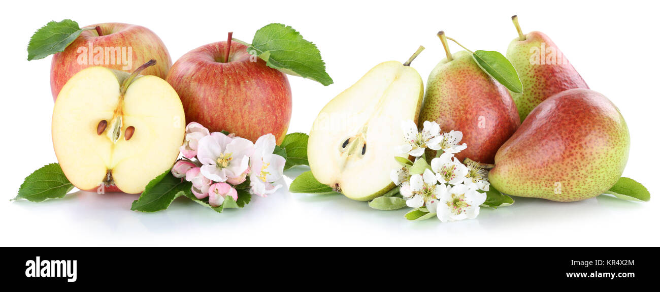 Apfel und Birne Äpfel Birnen rote Früchte Obst geschnitten Freisteller freigestellt isoliert vor einem weissen Hintergrund Stock Photo