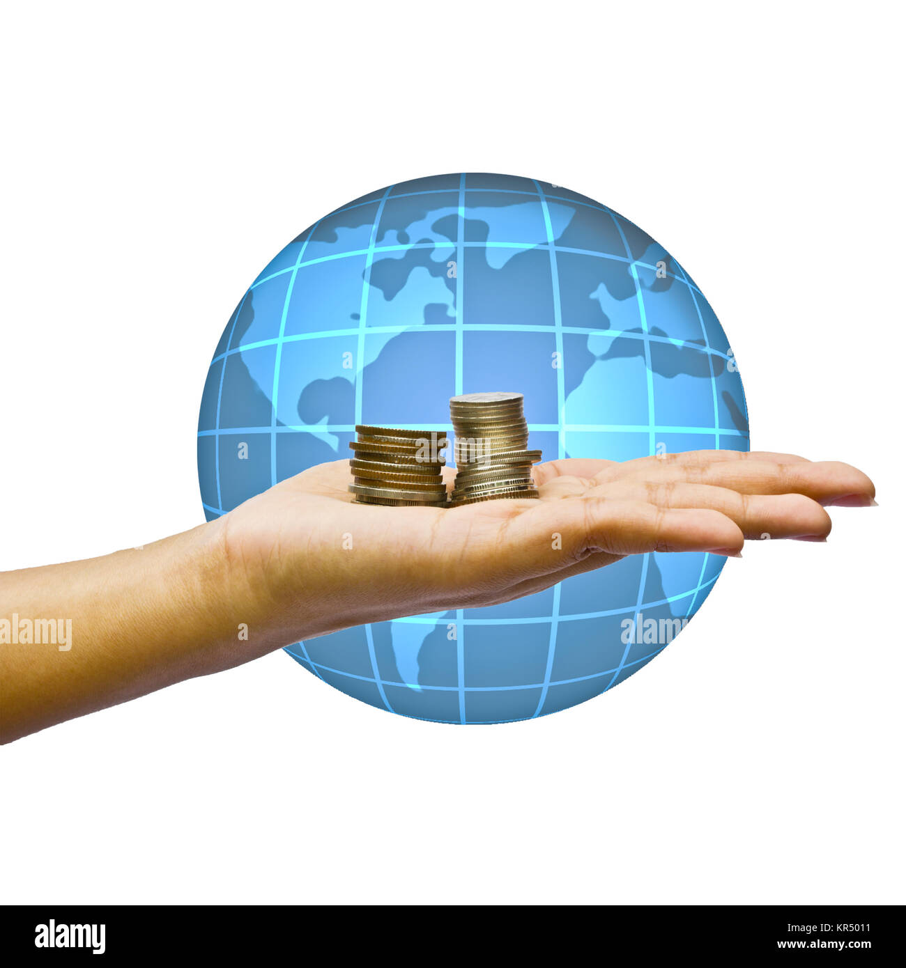 Global business concept. Hand and coins over globe. Stock Photo