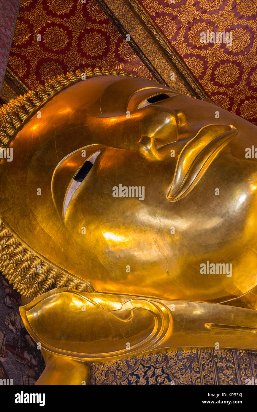Reclining big Buddha gold statue in Wat Pho, Bangkok, Thailand Stock ...