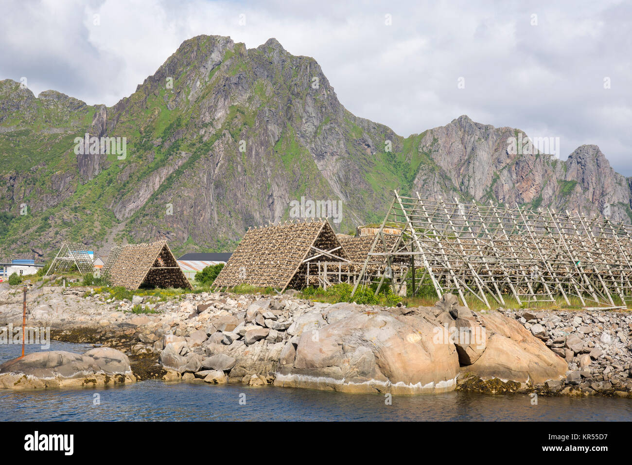 overview of racks for drying stockfish in Svolvaer at Lofoten in Norway ...