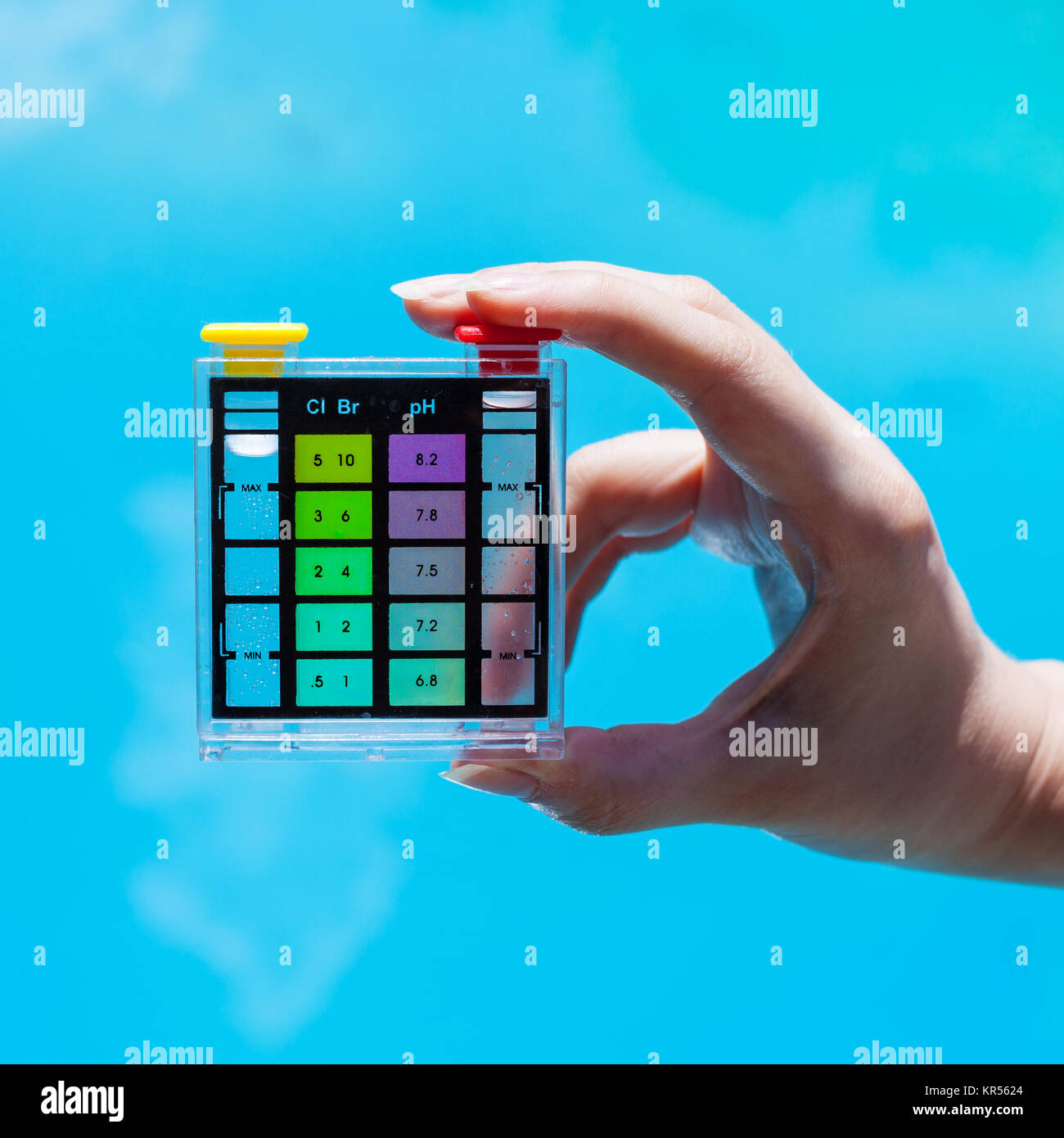 testing chlorine pollution in blue water of pool Stock Photo Alamy