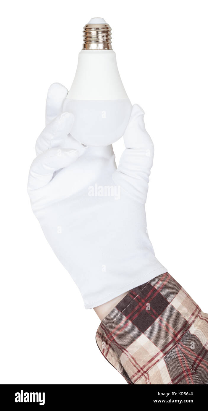 male hand in shirt and glove holds LED lamp Stock Photo - Alamy