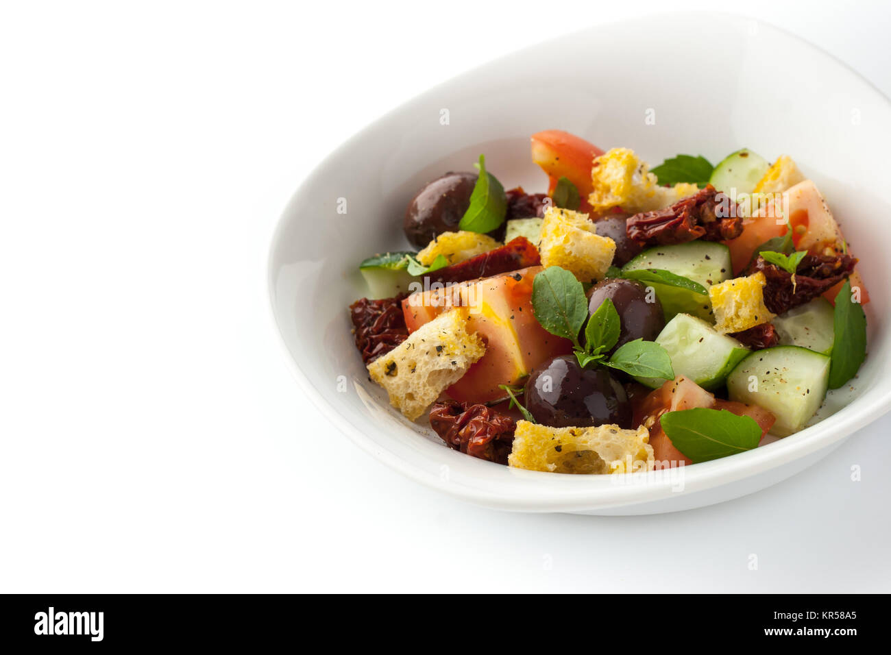 Panzanella salad on the white plate horizontal Stock Photo