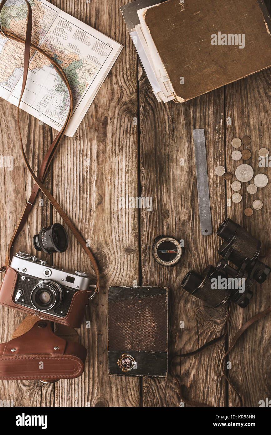Set of things for travel on the wooden background top view Stock Photo