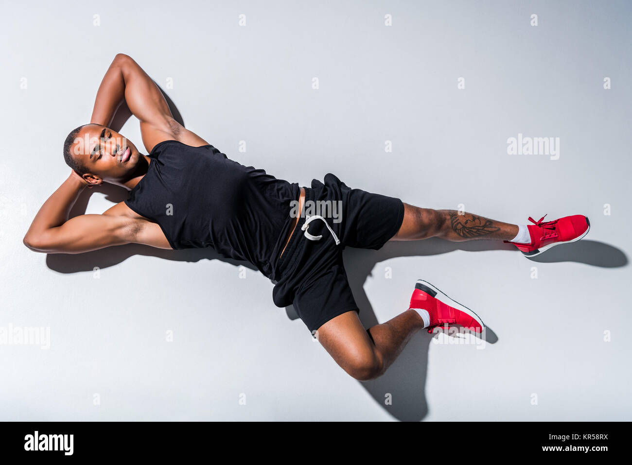 top view of young african american sportsman with closed eyes Stock ...