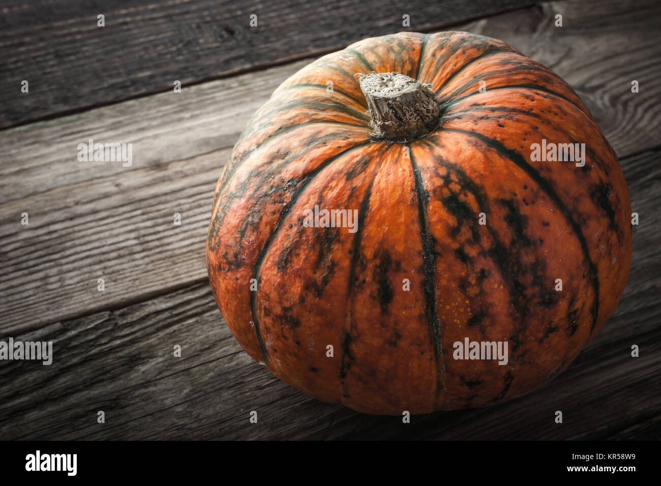 Orange pumpkin with green stripes on the wooden table horizontal Stock Photo